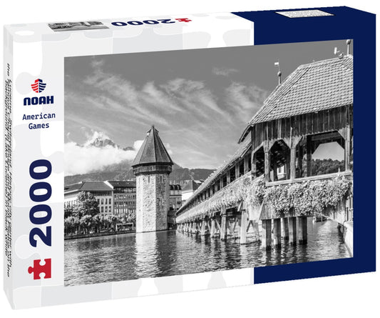 Noah Jigsaw Puzzle Lucerne, Switzerland. Historic city center with the famous Chapel Bridge and Mount Pilatus on the background. (Lake Lucerne) in black white 2000 pieces