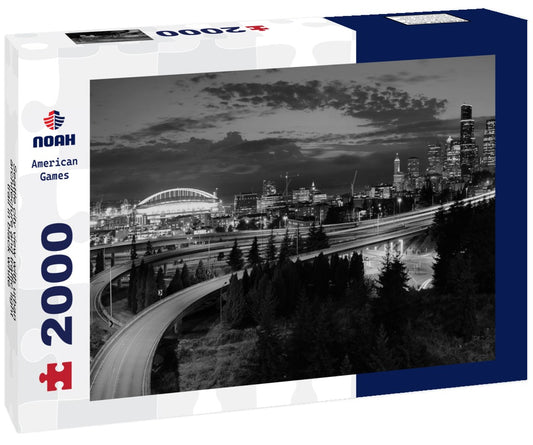 Noah Jigsaw Puzzle Seattle city view with urban architecture and traffic light trail in black white 2000 pieces