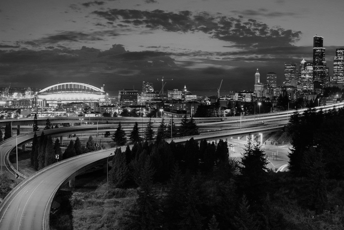 Seattle city view with urban architecture and traffic light trail 2000pc PuzzleBlack and White