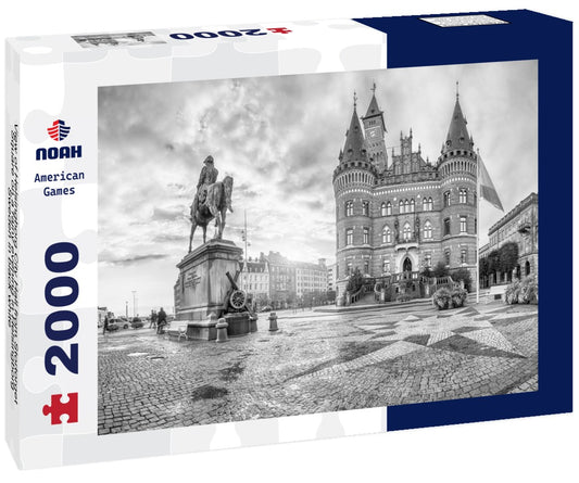 Noah Jigsaw Puzzle View of Helsingborg City Hall from Stortorget Square on a rainy evening in Helsingborg, Sweden in black white 2000 pieces