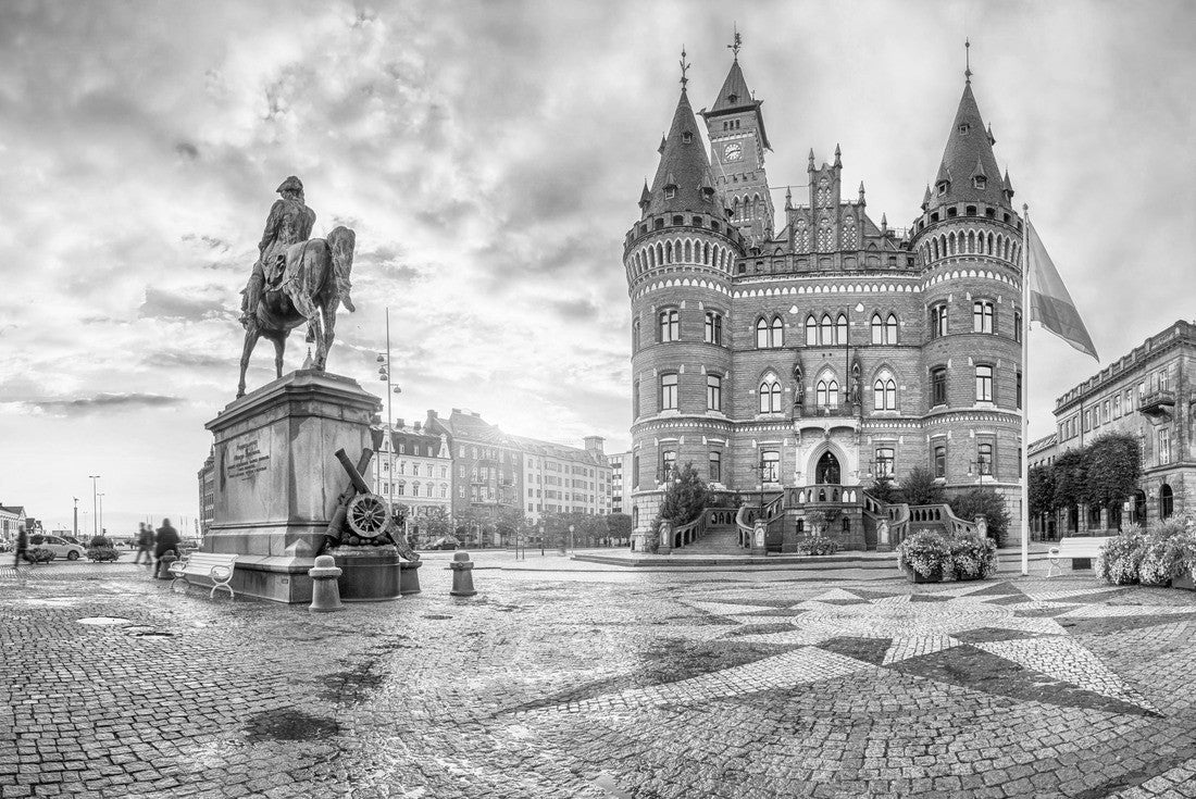 Noah Jigsaw Puzzle View of Helsingborg City Hall from Stortorget Square on a rainy evening in Helsingborg, Sweden in black white 2000 pieces