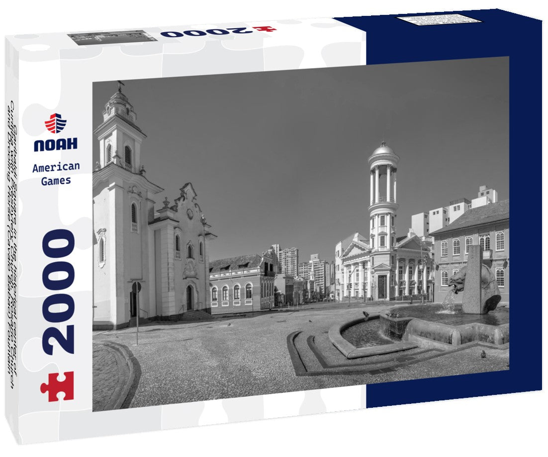 Garibaldi Square in the historical center of Curitiba with Presbytery Church, Rosario Church and Drooling Horse (Cavalo Babao) Fountain - Curitiba, Parana, Brazil 2000pc PuzzleBlack and White