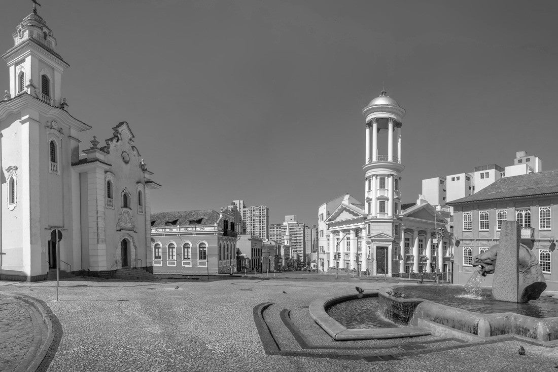 Garibaldi Square in the historical center of Curitiba with Presbytery Church, Rosario Church and Drooling Horse (Cavalo Babao) Fountain - Curitiba, Parana, Brazil 2000pc PuzzleBlack and White