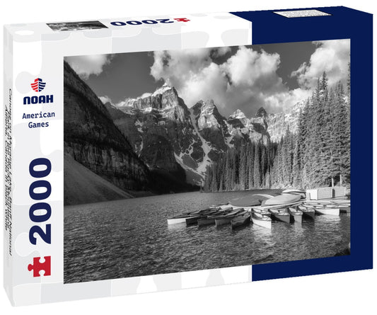 Noah Jigsaw Puzzle Canoes on Moraine Lake, Banff National Park in the Rocky Mountains, Alberta, Canada in black white 2000 pieces
