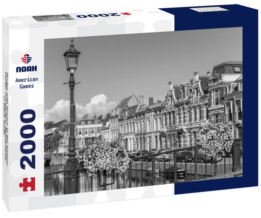 Noah Jigsaw Puzzle Bridge with flowers in the historic center of Haarlem, Netherlands in black white 2000 pieces