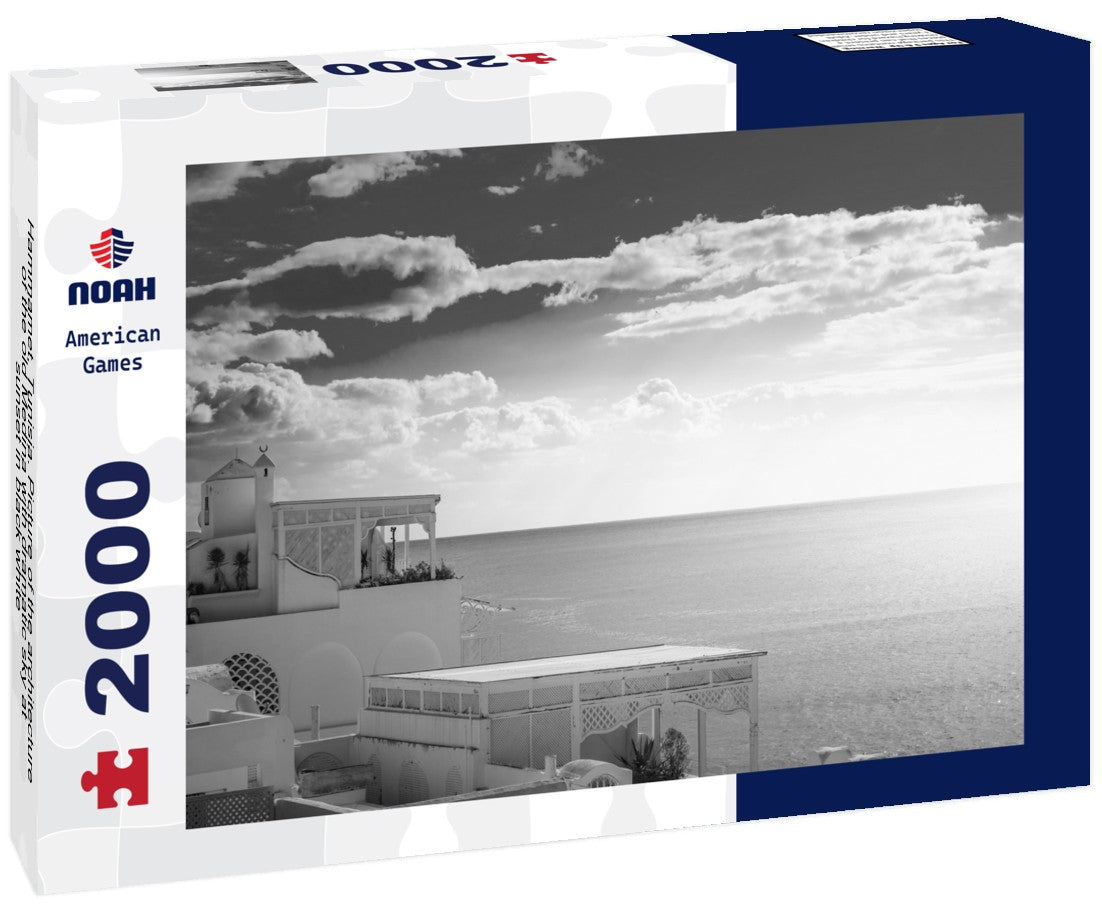 Noah Jigsaw Puzzle Hammamet, Tunisia. Picture of the architecture of the old Medina with dramatic sky at sunset in black white 2000 pieces
