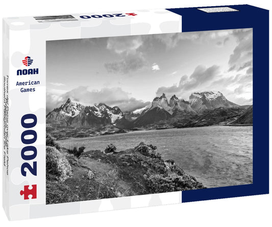 Noah Jigsaw Puzzle Torres del Paine over Lake Pehoe, Patagonia, Chile - Southern Patagonian Ice Field, Magellanic Region, South America in black white 2000 pieces