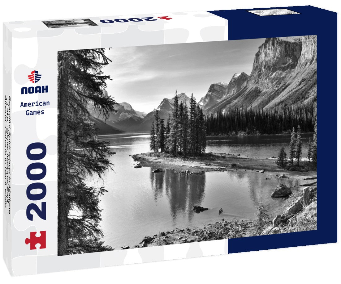 Noah Jigsaw Puzzle Beautiful Spirit Island in Maligne Lake, Jasper National Park, Alberta, Canada in black white 2000 pieces
