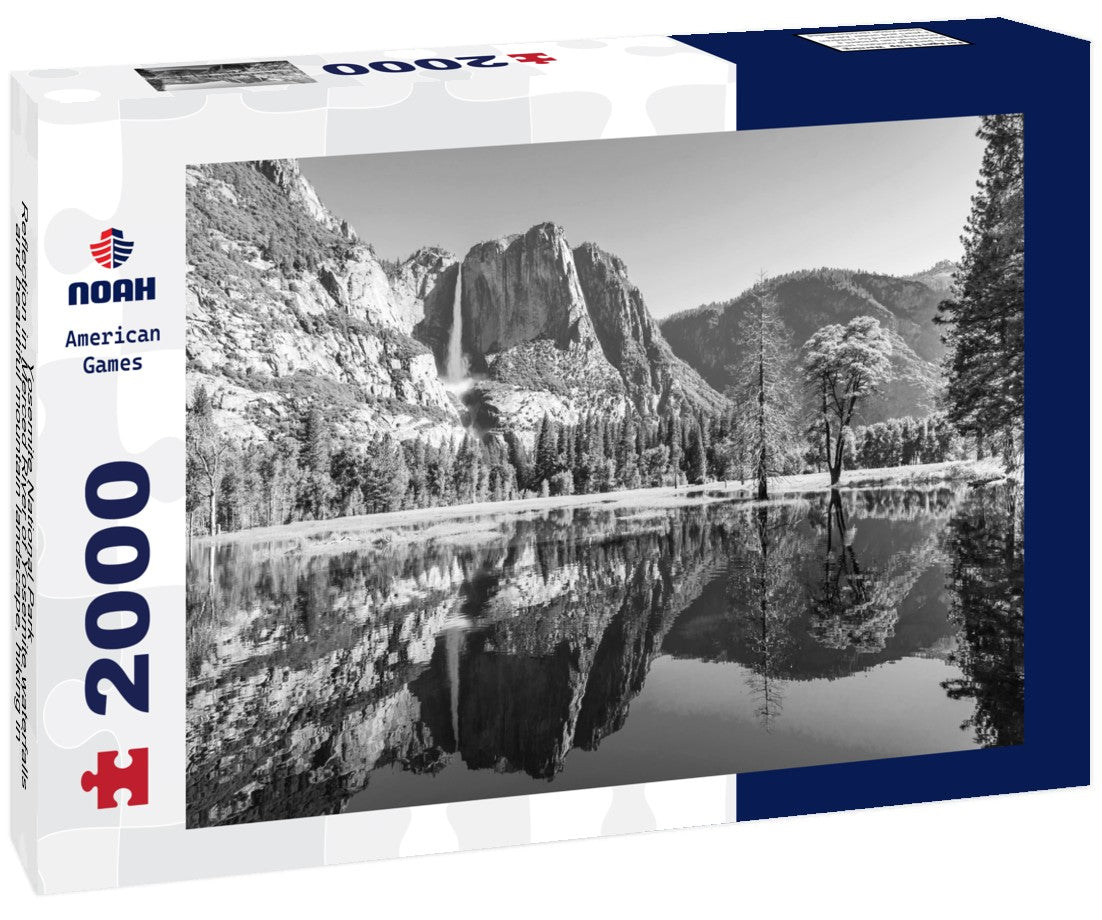 Noah Jigsaw Puzzle Yosemite National Park - Reflection in Merced River of Yosemite waterfalls and beautiful mountain landscape, hiking in the beautiful nature of California, USA in black white 2000 pieces