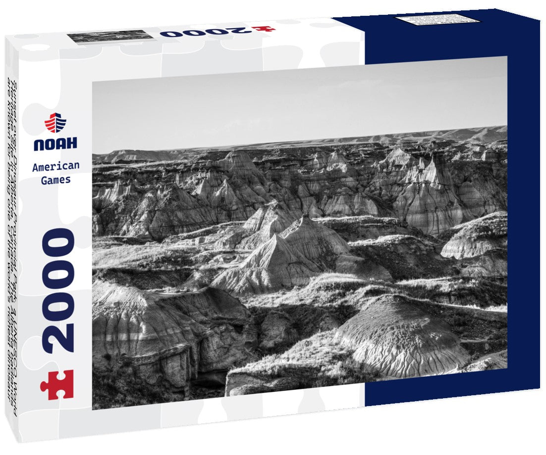 Sunset over Dinosaur Provincial Park, a UNESCO World Heritage Site in Alberta, Canada. The Alberta badlands are known for being one of the world's richest dinosaur fossil sites 2000pc PuzzleBlack and White