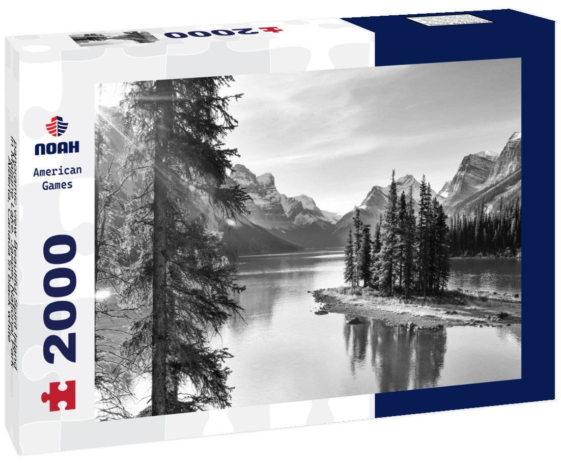 Noah Jigsaw Puzzle panoramic view Beautiful Spirit Island in Maligne Lake, Jasper National Park, Alberta, Canada in black white 2000 pieces