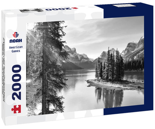 Noah Jigsaw Puzzle panoramic view Beautiful Spirit Island in Maligne Lake, Jasper National Park, Alberta, Canada in black white 2000 pieces