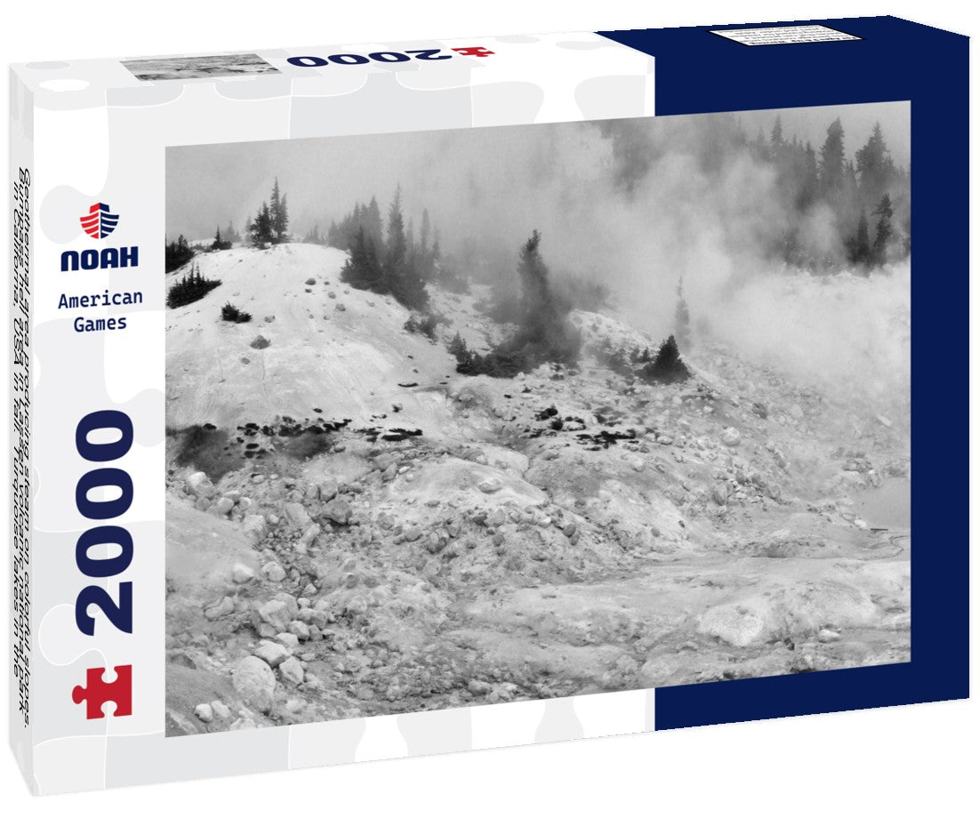 Geothermal area producing steam on colorful slopes. Bumpass hell area in Lassen volcanic national park in Californa, USA in fall. Turquoise lakes in the fog with cloudy sky 2000pc PuzzleBlack and White
