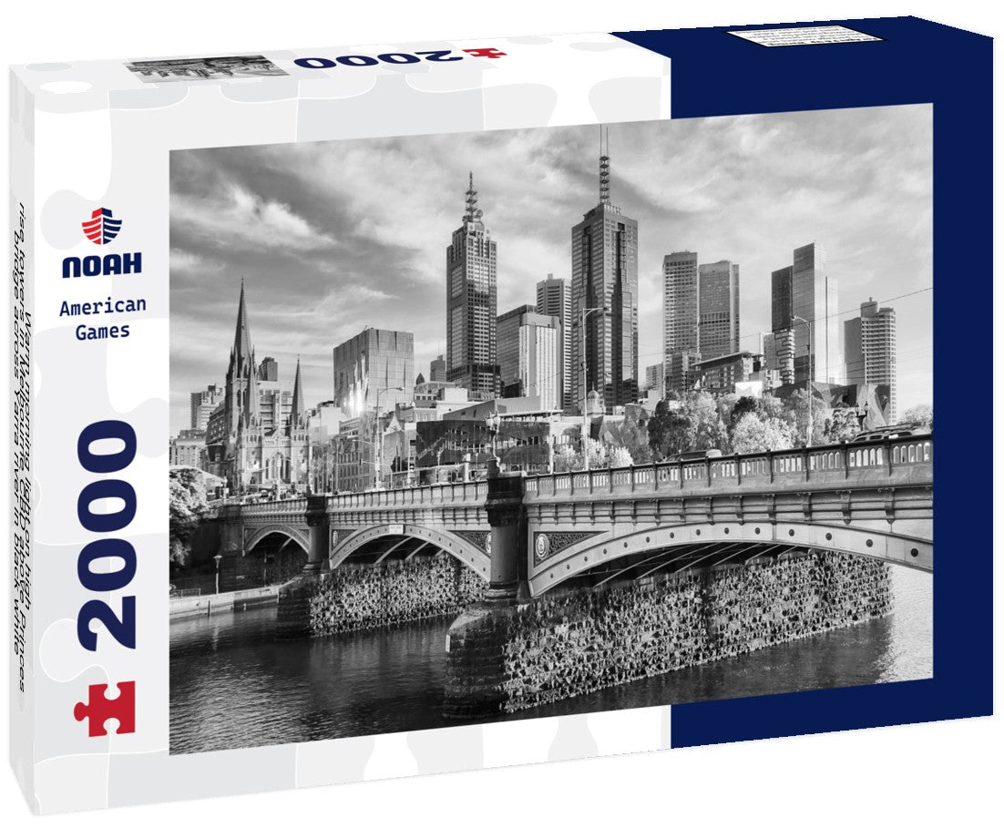 Warm morning light on high-rise towers in Melbourne CBD above Princes bridge across Yarra river 2000pc PuzzleBlack and White
