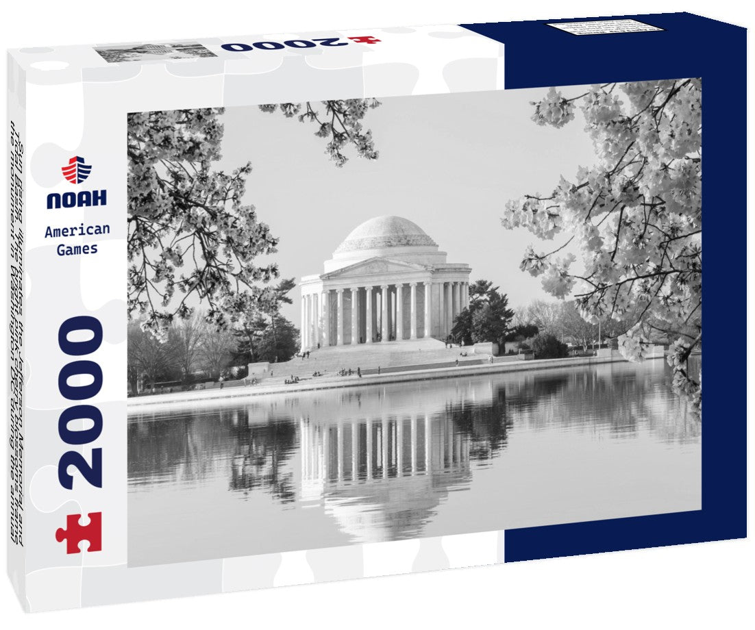 Sun rising illuminates the Jefferson Memorial and Tidal Basin. The bright pink cherry blossoms frame the monument in Washington DC during the annual cherry blossom festival 2000pc PuzzleBlack and White