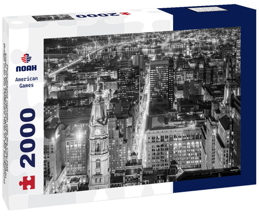 Noah Jigsaw Puzzle Philadelphia nightlife with the City Hall tower in the foreground and the Ben Franklin Bridge over the Delaware River in the background in black white 2000 pieces