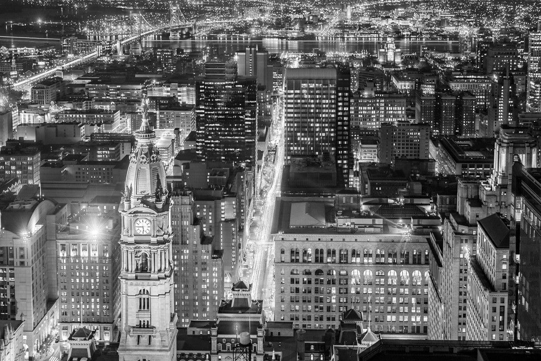 Noah Jigsaw Puzzle Philadelphia nightlife with the City Hall tower in the foreground and the Ben Franklin Bridge over the Delaware River in the background in black white 2000 pieces