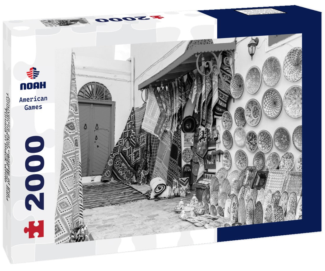 Souvenirs and carpets at the Tunisian market, Sidi Bou Said, Tunisia 2000pc PuzzleBlack and White