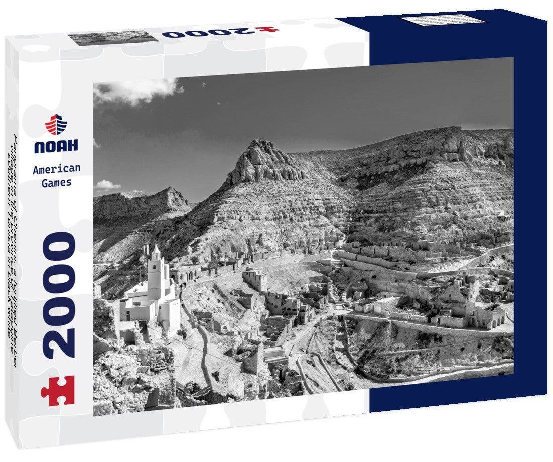 Noah Jigsaw Puzzle Panorama of Chenini, a fortified Berber village in the province of Tataouine, southern Tunisia in black white 2000 pieces