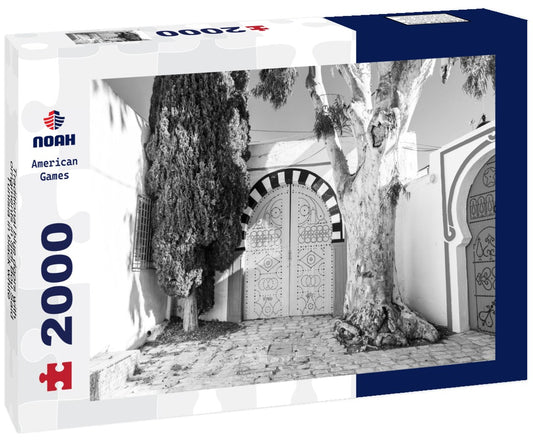 Noah Jigsaw Puzzle Traditional blue doors with ornaments in Sidi Bou Said, Tunisia in black white 2000 pieces