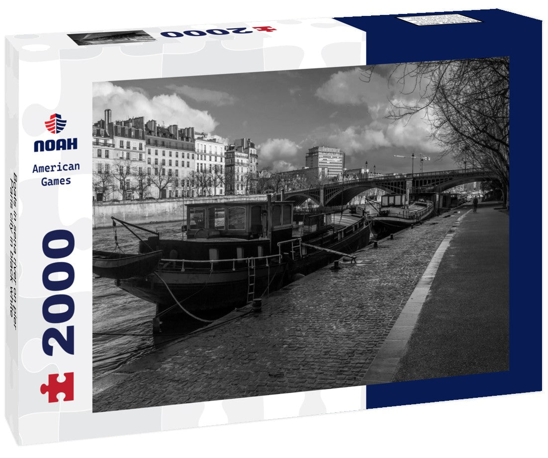 Noah Jigsaw Puzzle Boats in sena river on pier, Paris city in black white 2000 pieces