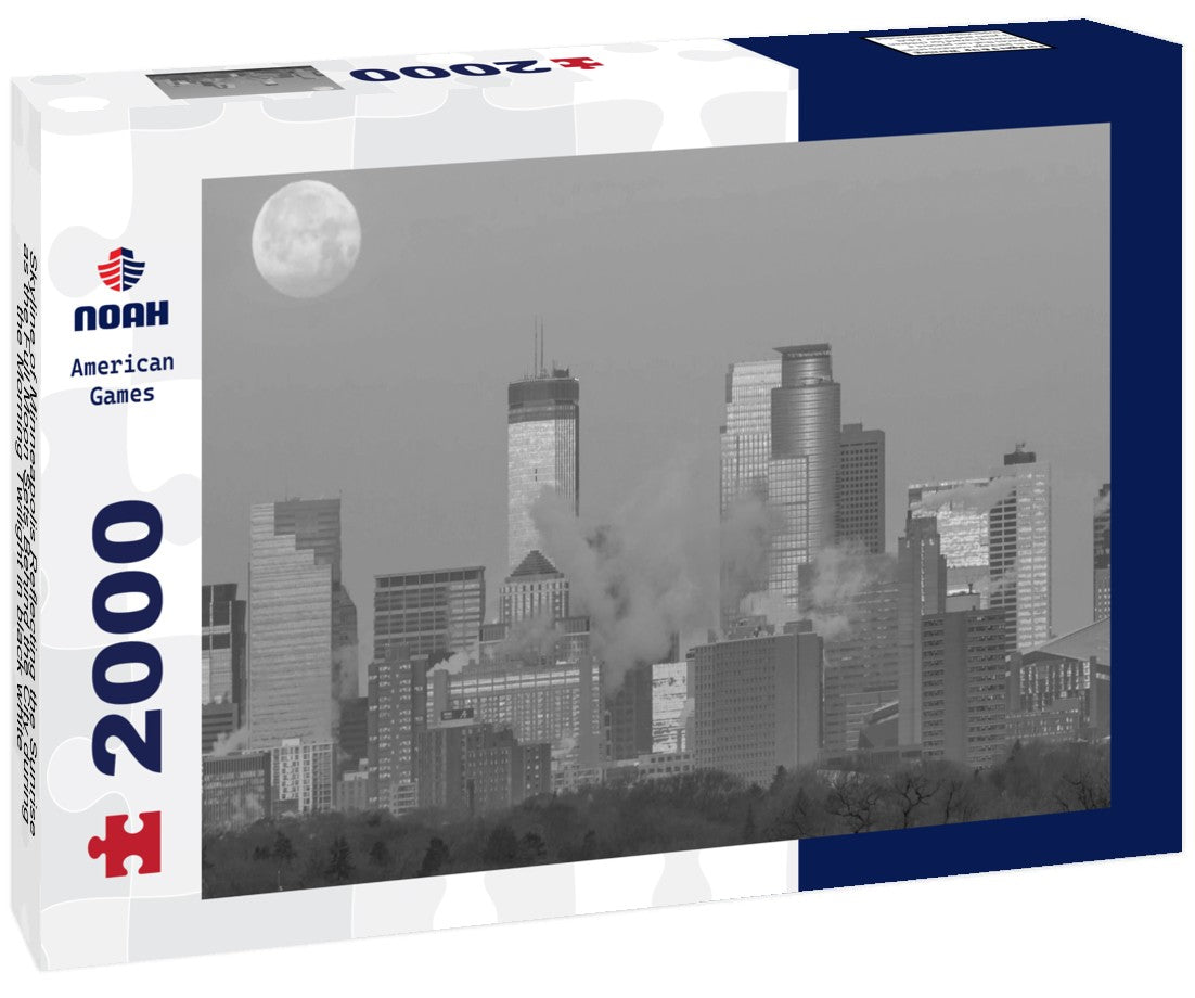 Noah Jigsaw Puzzle Skyline of Minneapolis Reflecting the Sunrise as the Full Moon Sets Behind the City during the Morning Twilight in black white 2000 pieces