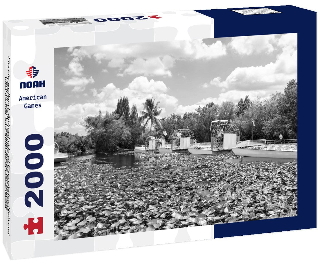 Noah Jigsaw Puzzle Florida wetland, Airboat ride at Everglades National Park in USA. Popular place for tourists, wild nature and animals in black white 2000 pieces