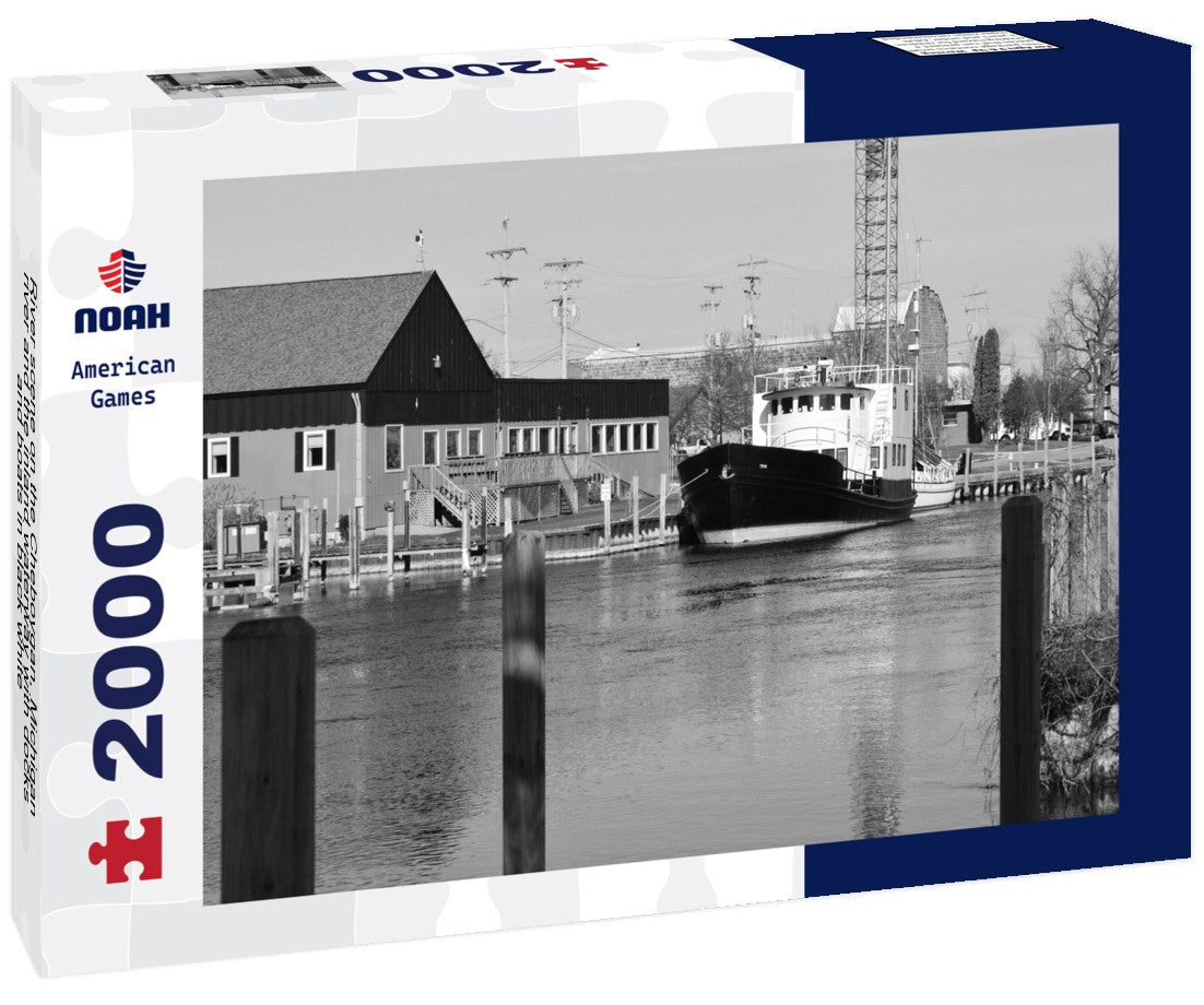 River scene on the Cheboygan, Michigan river and the inland waterway with docks and boats 2000pc PuzzleBlack and White