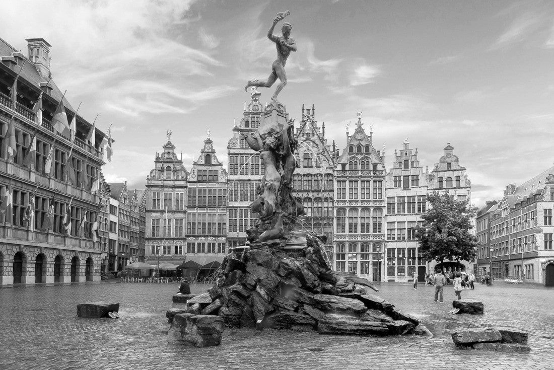 Noah Jigsaw Puzzle Brabo fountain on the Market Square, center of Antwerp, Belgium in black white 2000 pieces