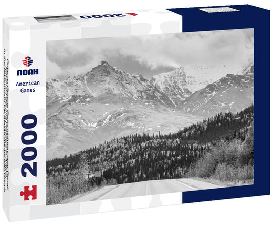 Noah Jigsaw Puzzle Drive on George Parks highway near Denali National Park and Preserve in Alaska. In the background the Alaska Range with clouds and forest is visible in black white 2000 pieces