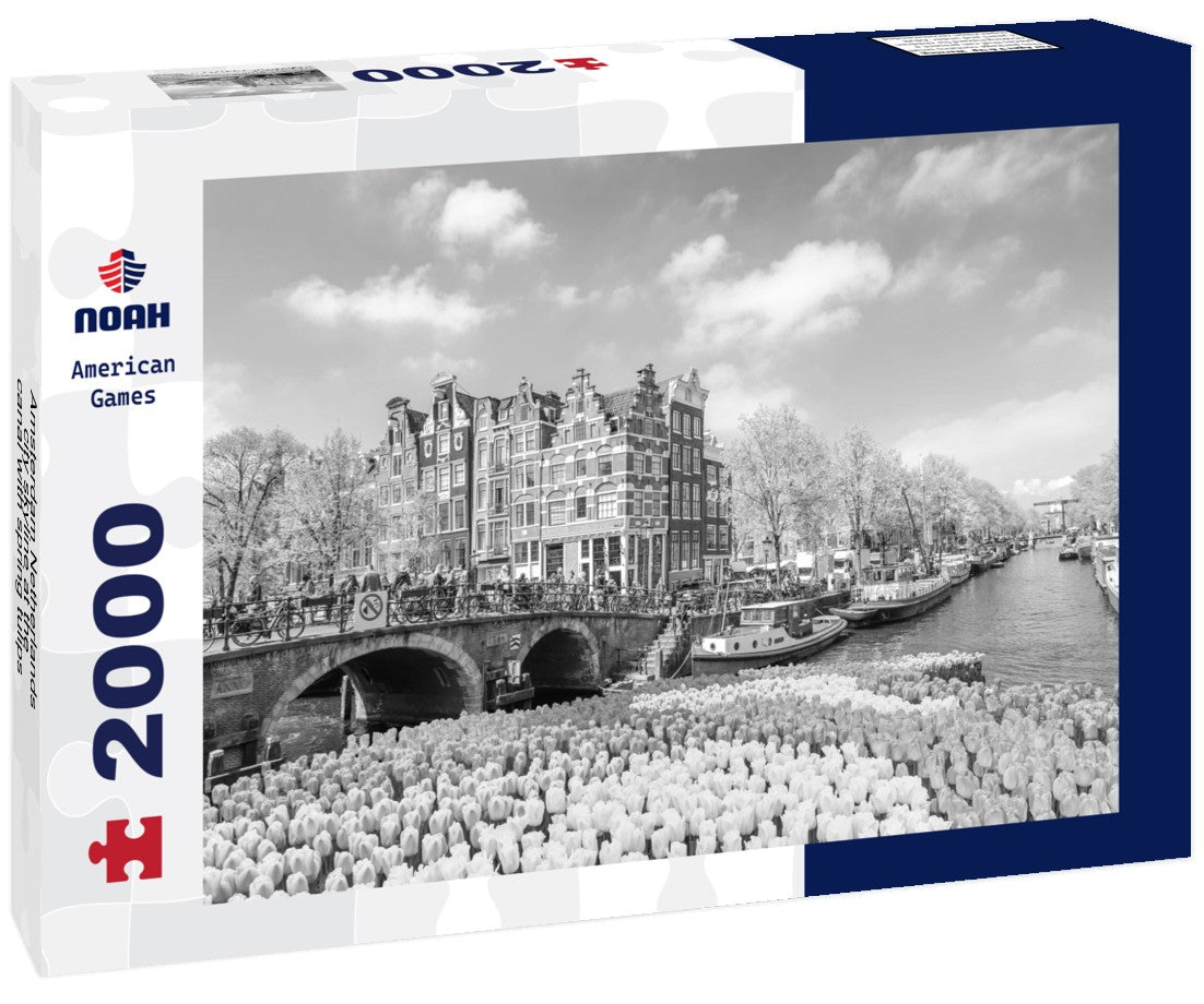 Amsterdam Netherlands, city skyline at the canal with spring tulips 2000pc PuzzleBlack and White