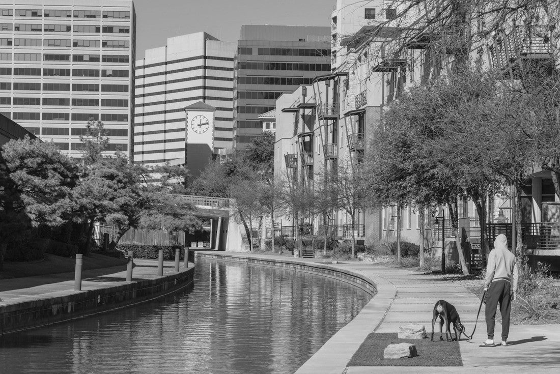 Back view of man in hoody walking dog along Mandalay Canal in Irving, Texas, USA 2000pc PuzzleBlack and White