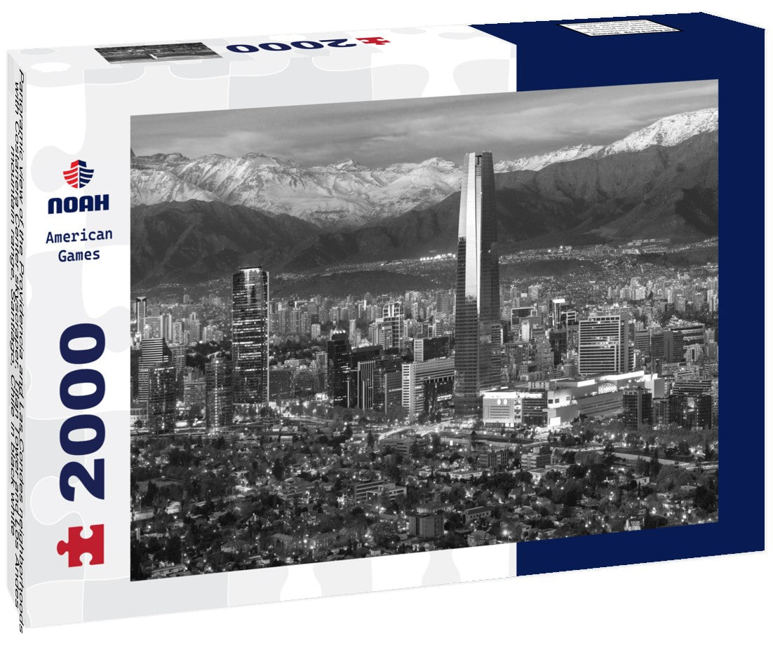 Noah Jigsaw Puzzle Panoramic view of the Providencia and Las Condes neighborhoods with Costanera Center skyscraper, Titan Tower and Los Andes mountain range, Santiago, Chile in black white 2000 pieces
