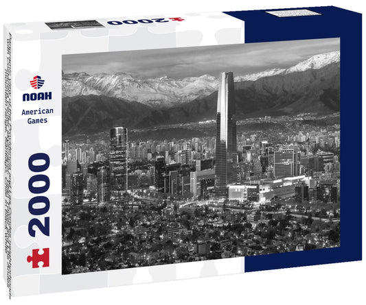 Noah Jigsaw Puzzle Panoramic view of the Providencia and Las Condes neighborhoods with Costanera Center skyscraper, Titan Tower and Los Andes mountain range, Santiago, Chile in black white 2000 pieces