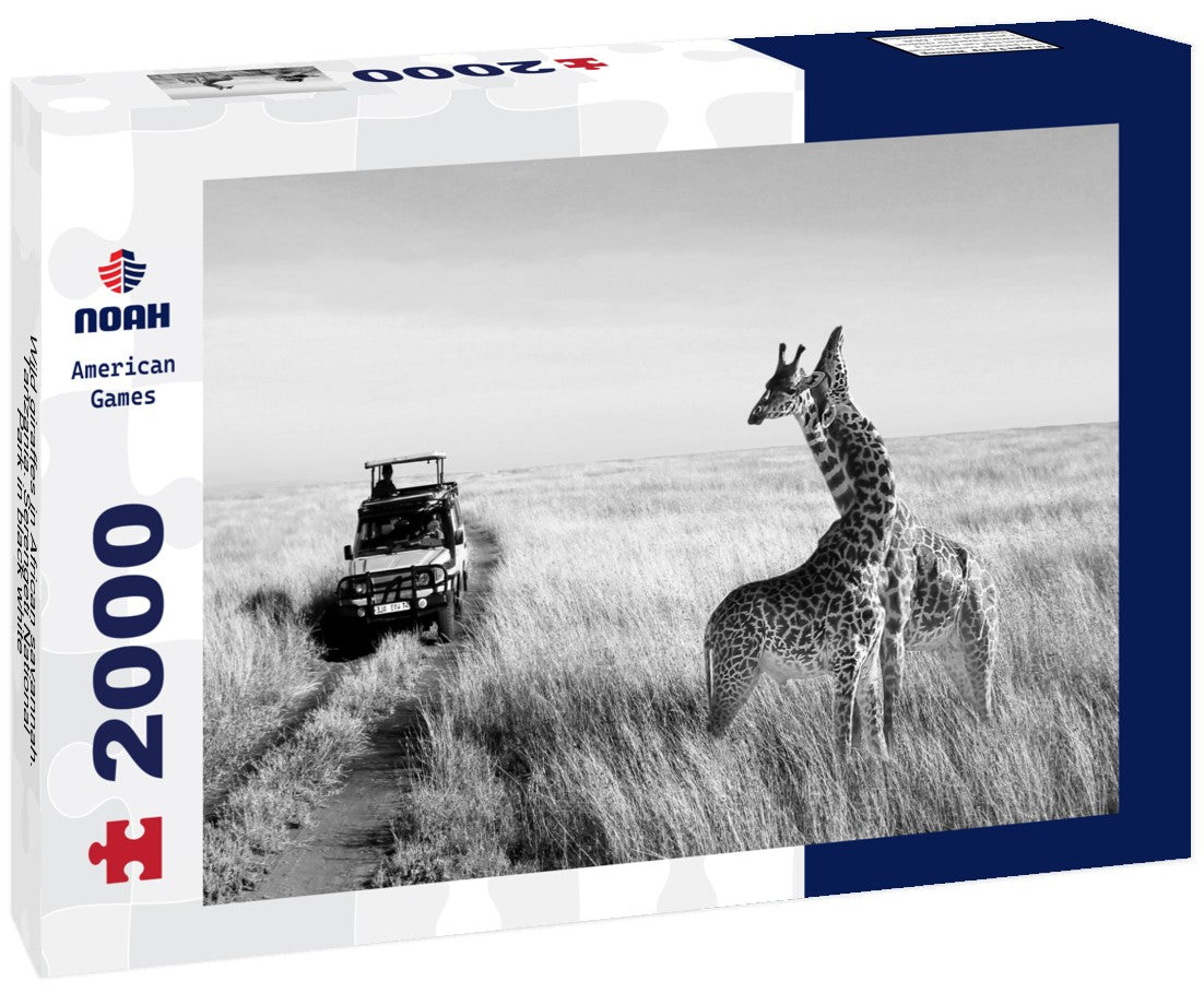 Noah Jigsaw Puzzle Wild giraffes in African savannah. Tanzania. Serengeti National Park in black white 2000 pieces
