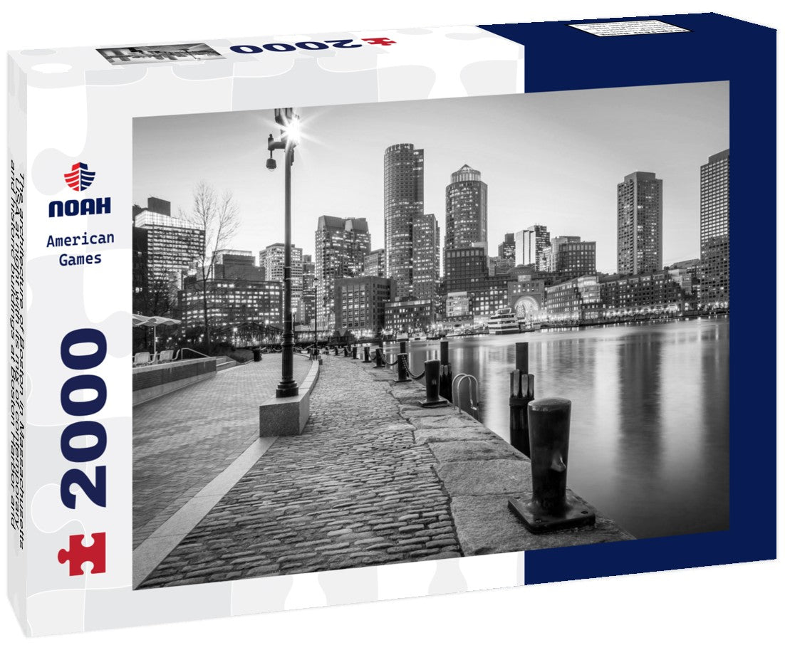 The architecture of Boston in Massachusetts, USA at night with its mix of contemporary and historic buildings at Boston Harbor and Financial District 2000pc PuzzleBlack and White