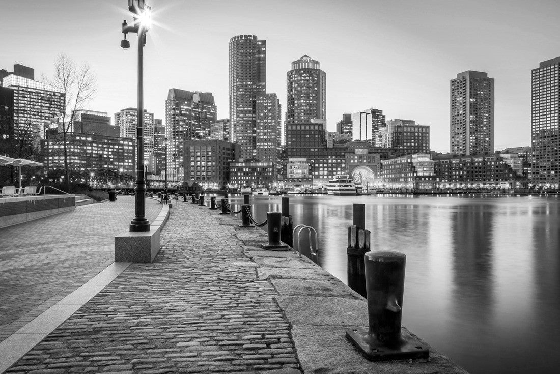 The architecture of Boston in Massachusetts, USA at night with its mix of contemporary and historic buildings at Boston Harbor and Financial District 2000pc PuzzleBlack and White