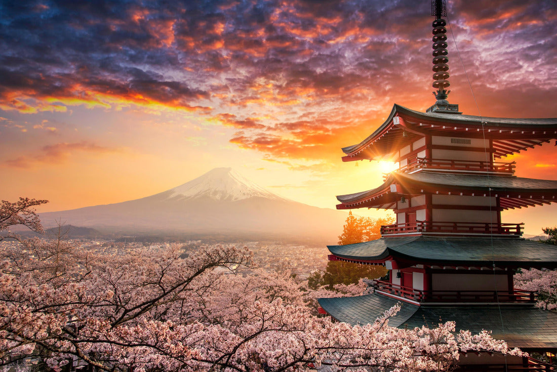 Fujiyoshida, Japan Beautiful view of mountain Fuji and Chureito pagoda at sunset, japan in the spring with cherry blossoms 2000pc Puzzle