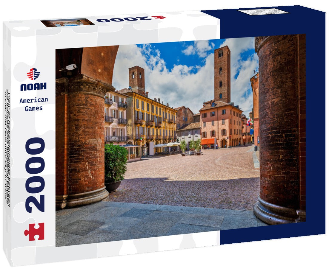 Noah Jigsaw Puzzle View of Kobelsteinplatz between old houses and medieval towers under the beautiful sky in Alba, Piedmont, northern Italy 2000 pieces