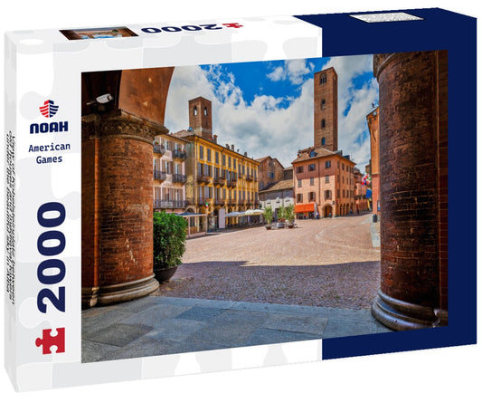 Noah Jigsaw Puzzle View of Kobelsteinplatz between old houses and medieval towers under the beautiful sky in Alba, Piedmont, northern Italy 2000 pieces