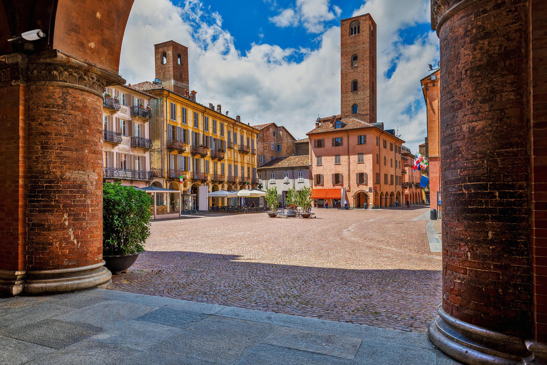 Noah Jigsaw Puzzle View of Kobelsteinplatz between old houses and medieval towers under the beautiful sky in Alba, Piedmont, northern Italy 2000 pieces
