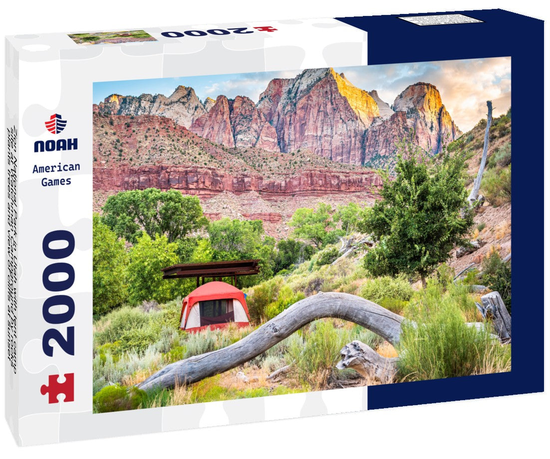 Noah Jigsaw Puzzle Zion National Park in Utah with tent camp site at Watchman Campground by rocks, plants trees and view of cliffs at sunset 2000 pieces
