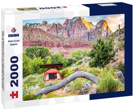 Noah Jigsaw Puzzle Zion National Park in Utah with tent camp site at Watchman Campground by rocks, plants trees and view of cliffs at sunset 2000 pieces