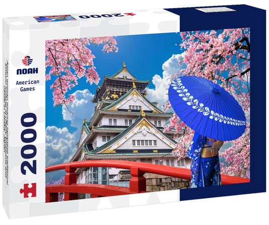 Noah Jigsaw Puzzle Asian woman wearing japanese traditional kimono looking at cherry blossoms and castle in Osaka, Japan 2000 pieces