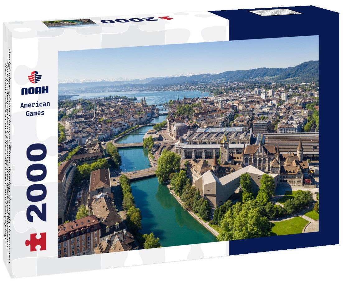 Noah Jigsaw Puzzle Aerial view of the Limmat River flowing through downtown Zurich, Switzerland, passing the National Museum, the train station and the old town, and emptying into Lake Zurich on a sunny summer's day 2000 pieces