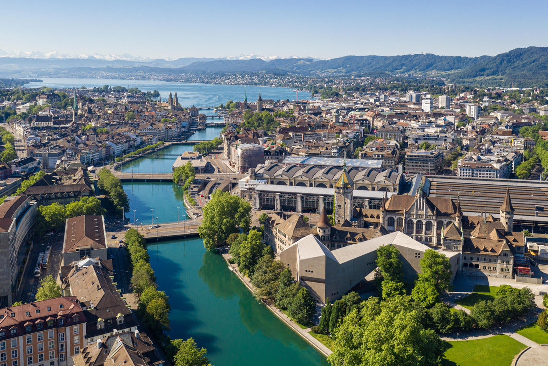 Aerial view of the Limmat River flowing through downtown Zurich, Switzerland, passing the National Museum, the train station and the old town, and emptying into Lake Zurich on a sunny summer's day 2000pc Puzzle