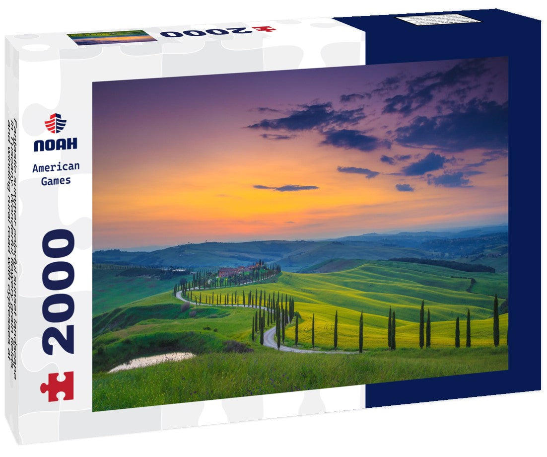 Fantastic summer colorful sunset landscape in Tuscany. Wonderful flowery grain fields and winding rural road with cypresses at sunset, Asciano, Tuscany, Italy 2000pc Puzzle