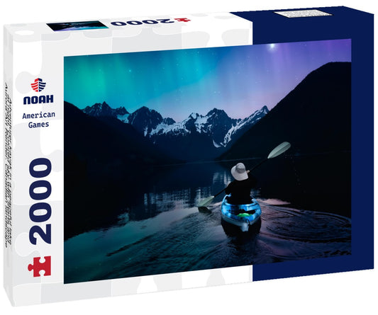 Noah Jigsaw Puzzle Adventurer kayak in a peaceful lake at night. Colored sky with Starts and Aurora Art Render. Canadian landscape from British Columbia, Canada 2000 pieces