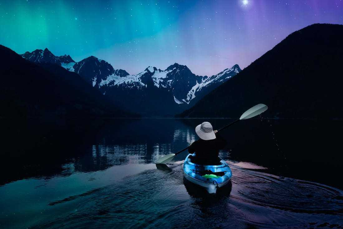 Noah Jigsaw Puzzle Adventurer kayak in a peaceful lake at night. Colored sky with Starts and Aurora Art Render. Canadian landscape from British Columbia, Canada 2000 pieces