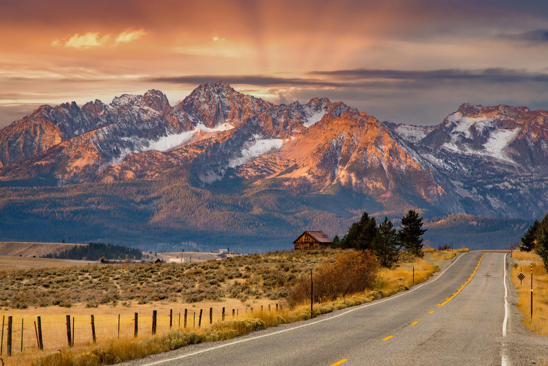 Sawtooth Mountains and log cabin at sunrise and highway 75 leading to Stanley, Idaho 2000pc Puzzle